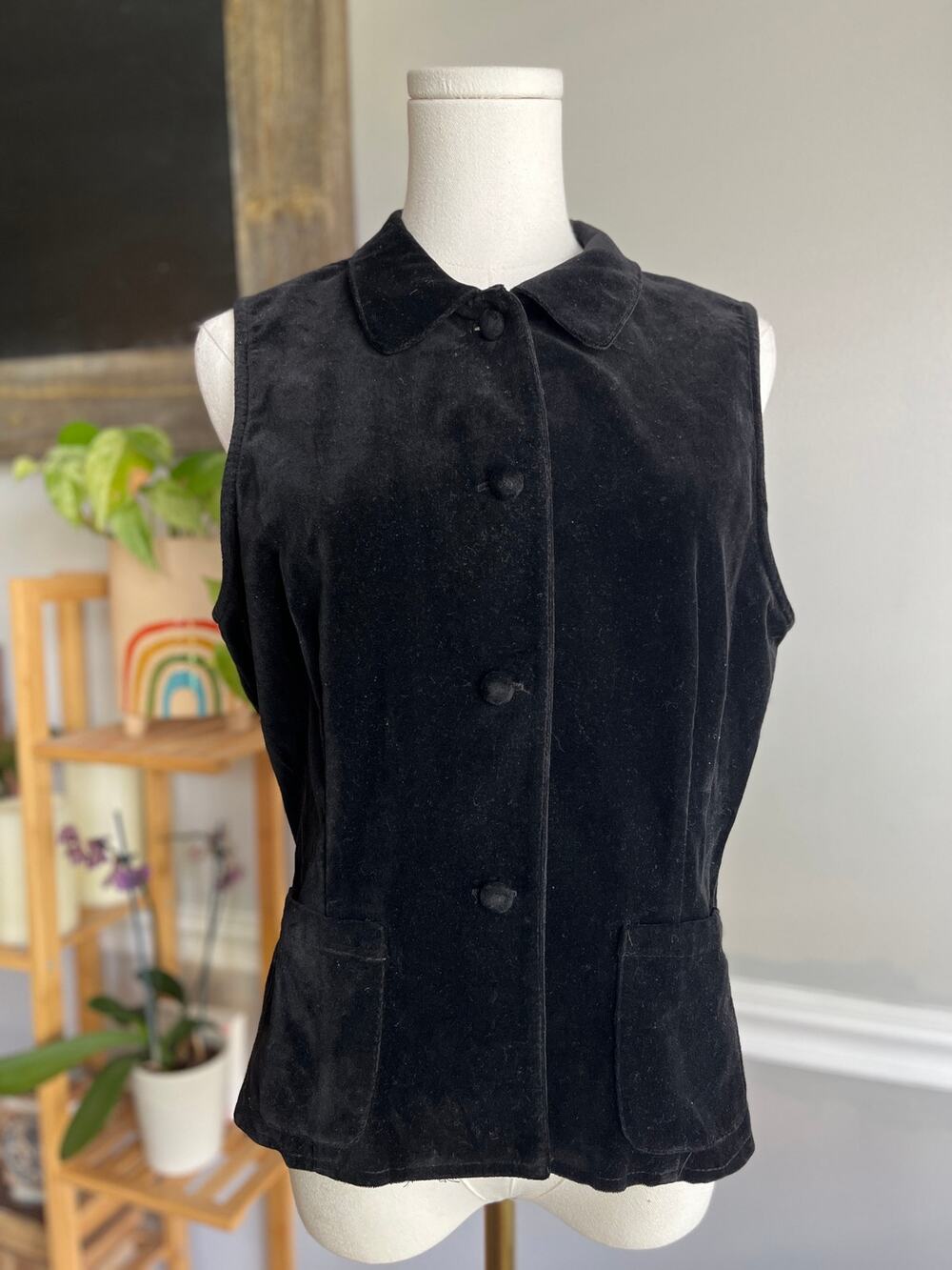 Vintage 90s Black Velvet Vest Button Down Collared Size Medium